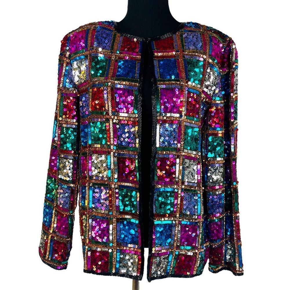 Vintage Rina Z 100% Silk Beaded Sequin Jacket Window Pane Boxy Cardigan Jacket